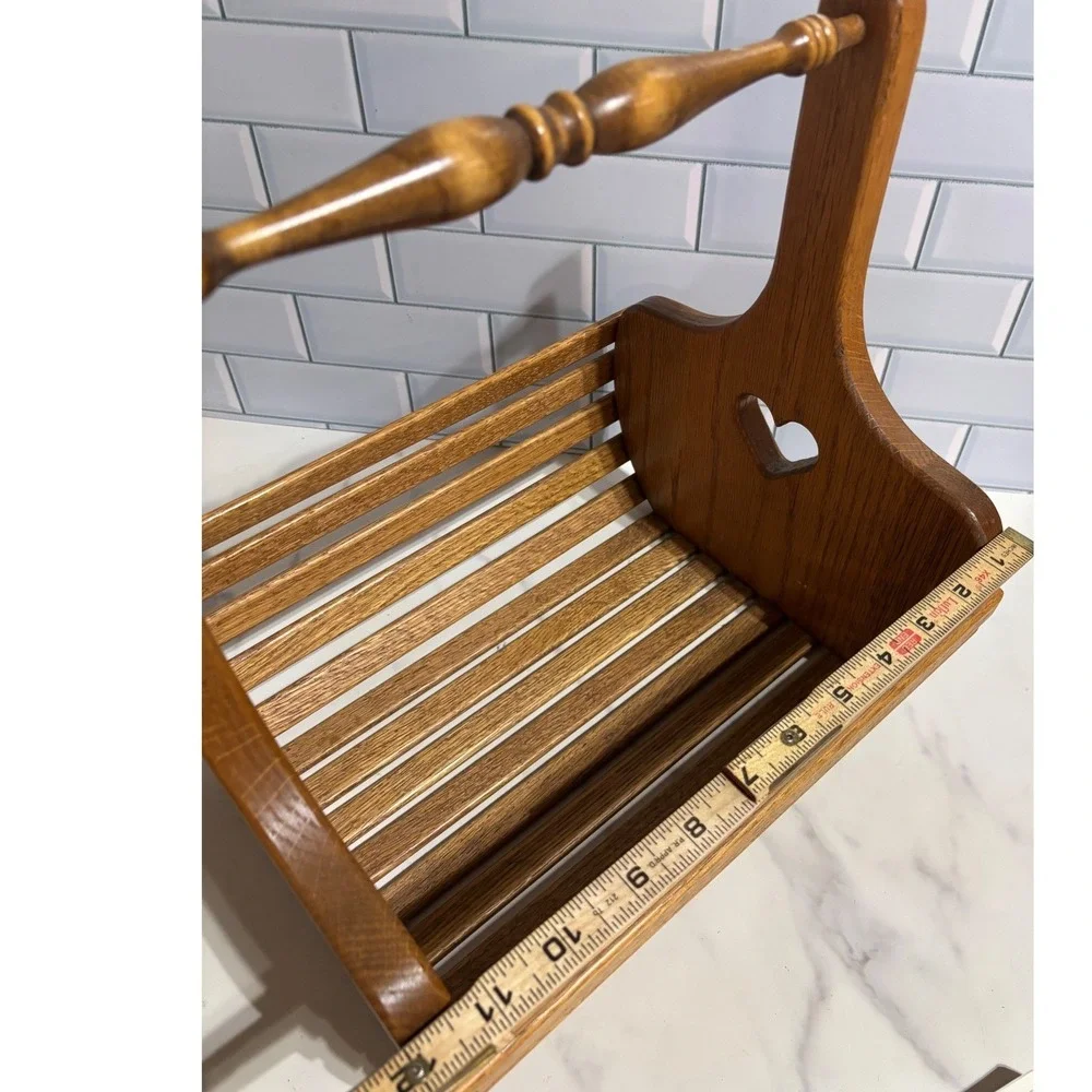Vintage Oak Wood Slatted Basket Heart Cutouts Spindle Handle Farmhouse Cottage